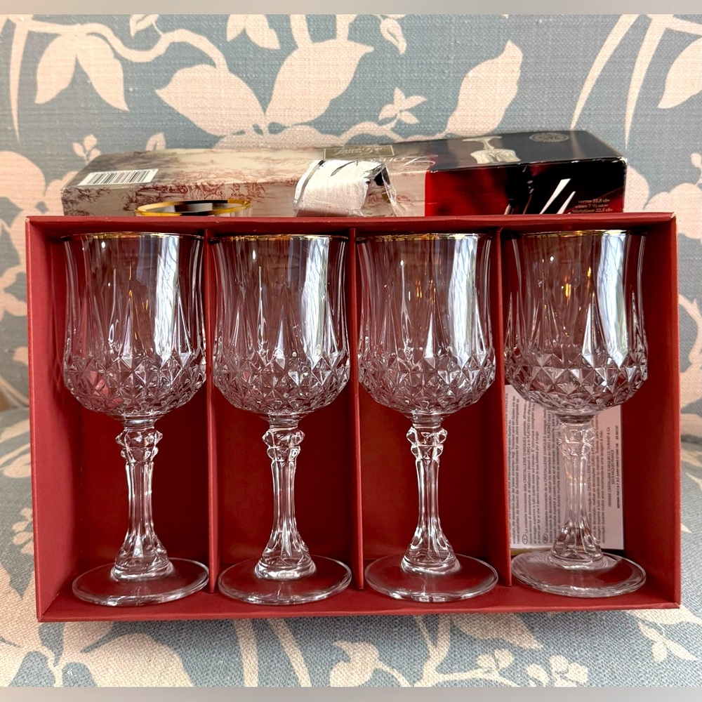 Vintage Longchamp Gold Rim Cristal d'arques wine glasses set of 4